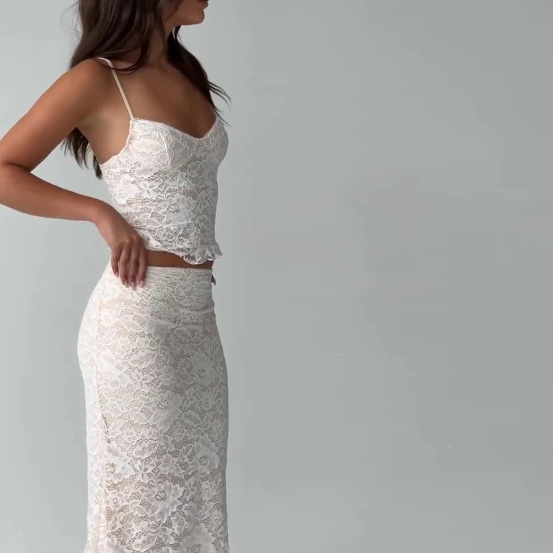 Candy Sexy Lace Vneck Spaghetti Strap Tops and Bodycon Trumpet Long Skirt Y2K Summer Fashion Daily Outdoor Women 2 Piece Set 250520