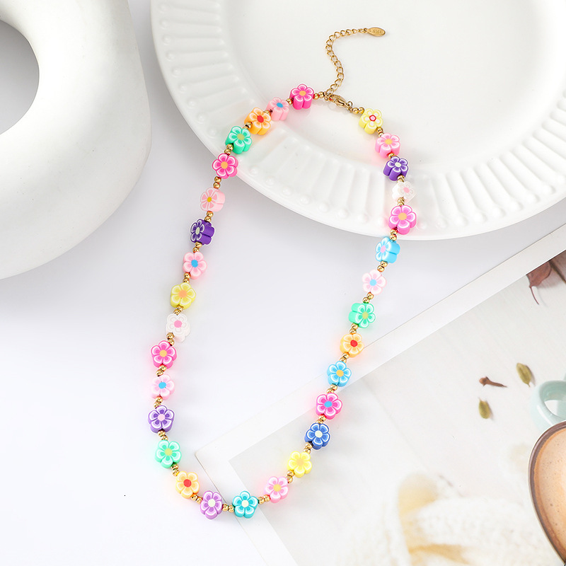colorful small flower splicing turquoise bead necklace, Bohemian light niche collarbone chain