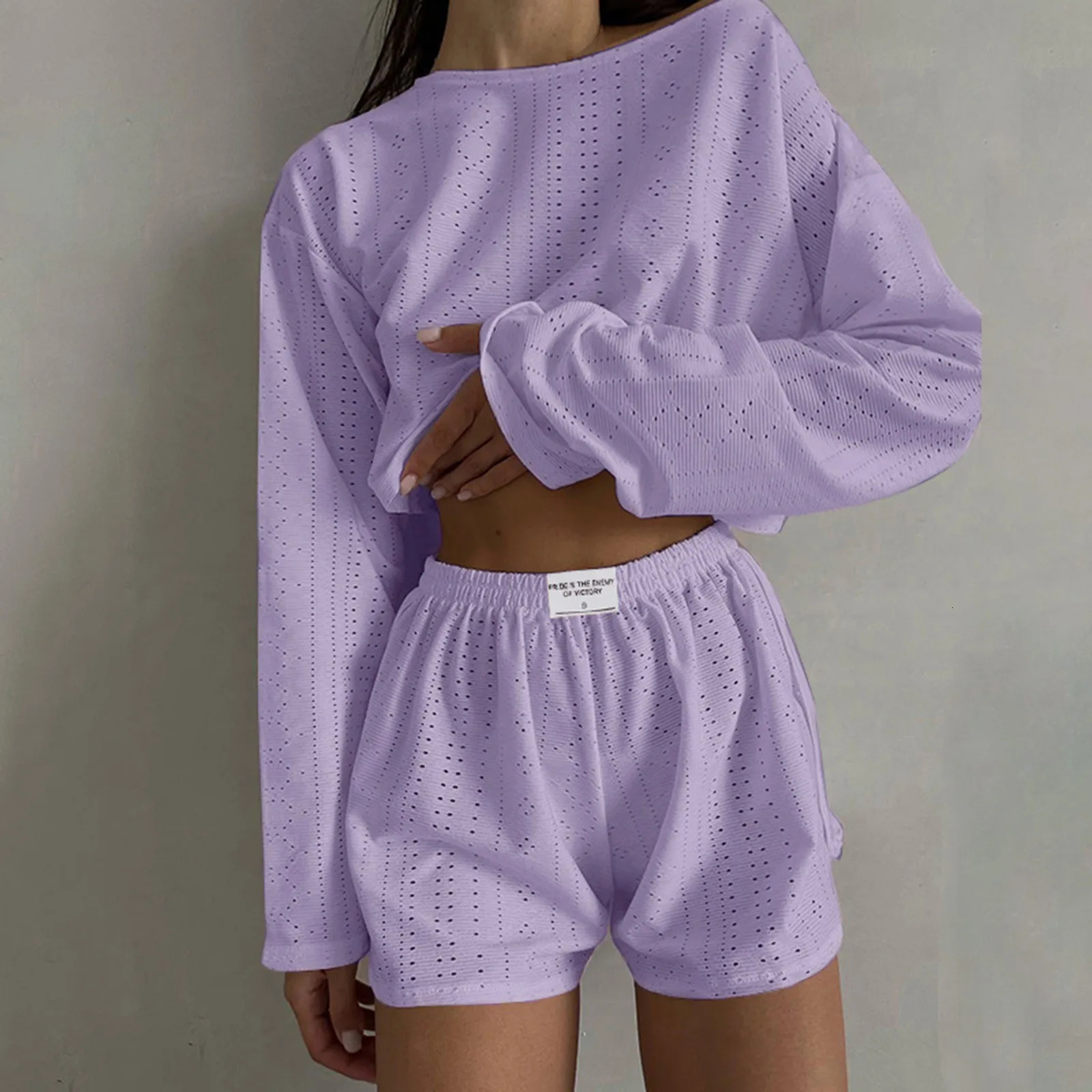 Womens Summer Fashion Casual Two Piece Outfits Casual Shorts Set O Neck Long Sleeve Tops And Shorts Swim Short Suits for Women 250516