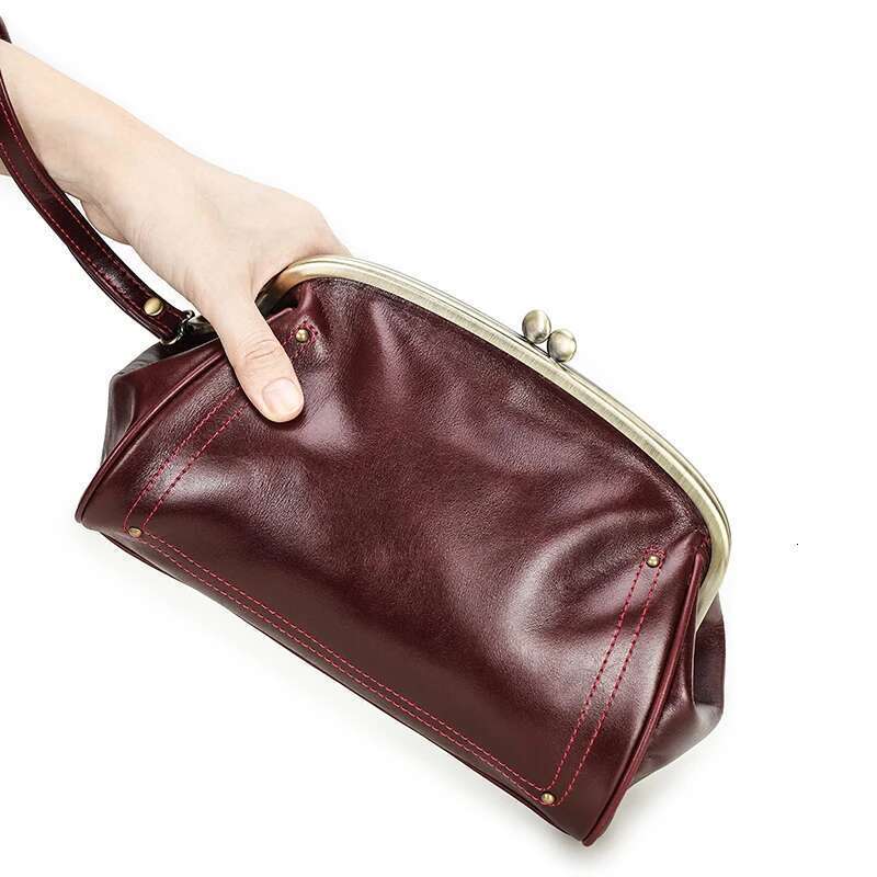 Genuine Leather Women Clutch Kiss Lock Design Female Purse Handbag Large Capacity Long Wallet Bag Phone Pocket