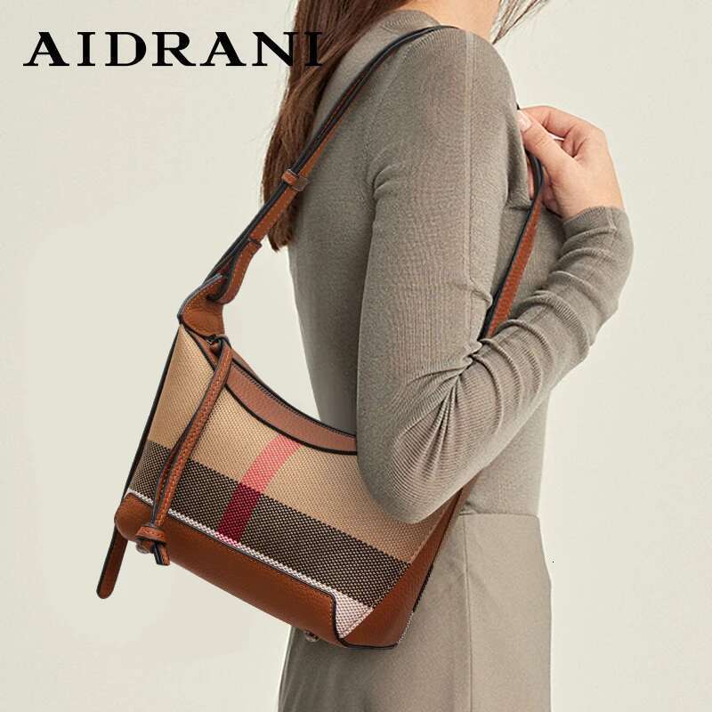 Aidrani 2024 Women's Fashion Genuine Leather Check Shoulder New Pattern Canvas Cowhide Crossbody Bag