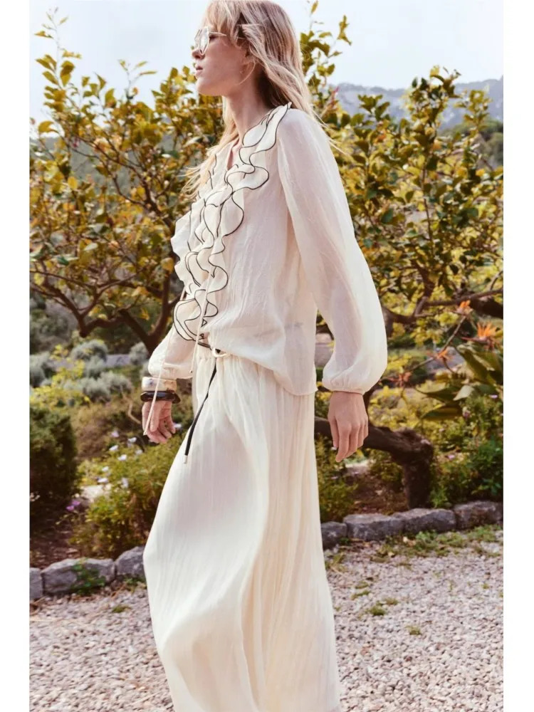 TRAF Flowy Skirt Set Women 2 Piece Semi Sheer Blouse With Ruffle Trims Elastic Waist Skirts Belt Two Outfit 250520