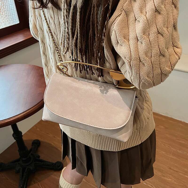 Women Creative Pin Handbag With Chain PU Leather Casual Flap Large Capacity Stylish Crossbody Work Date Bag