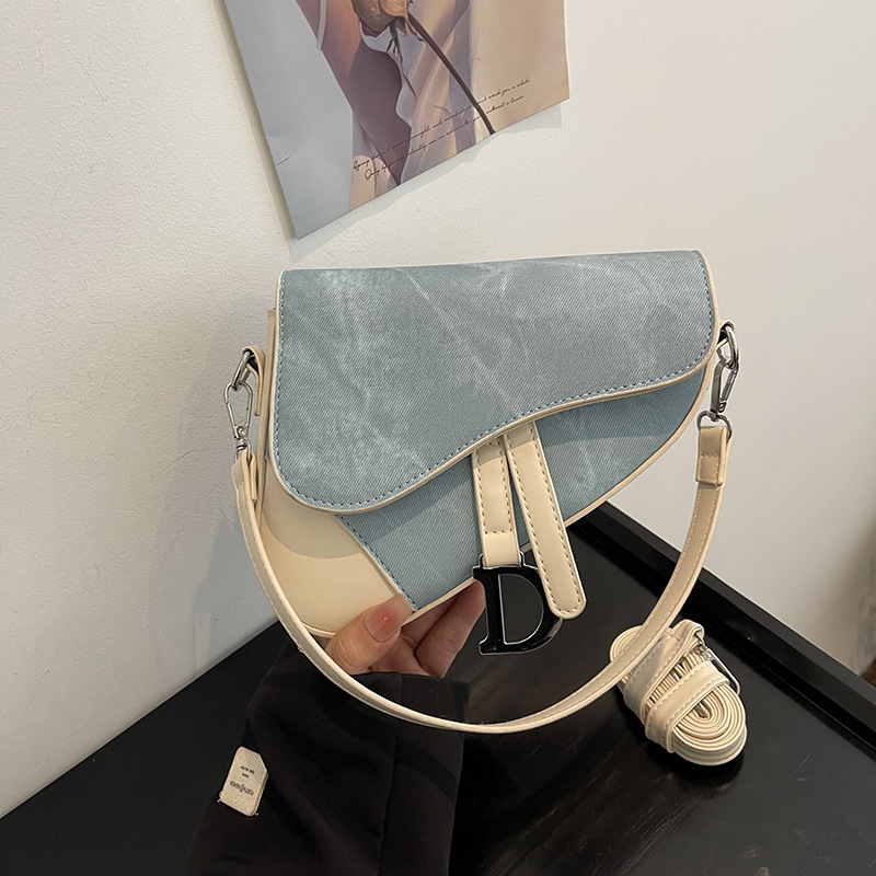 Free Shipping Designer Bag 2025 Denim Pattern Saddle Bag - Color-Block Patchwork Crossbody Purse for Women, Fashionable Shoulder Bag