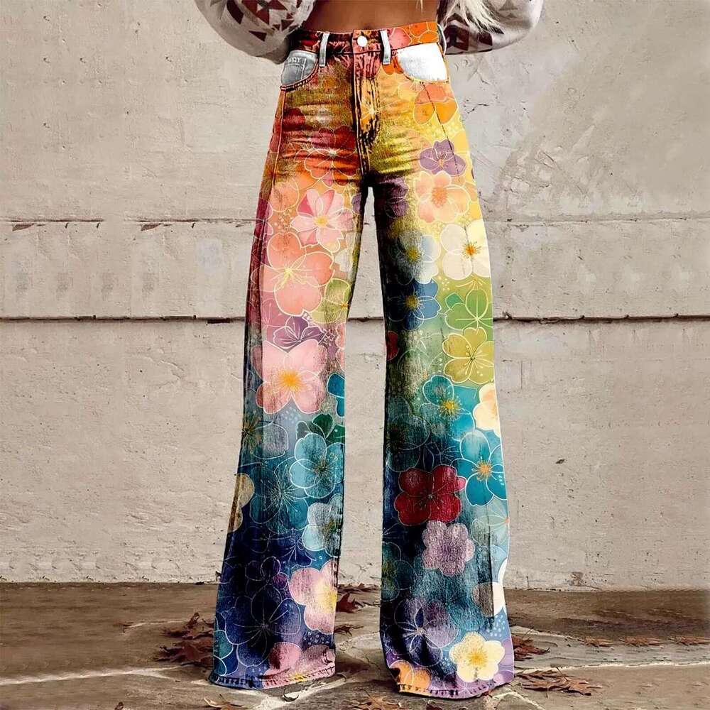 Trendy Printed Stretch High-Waisted Wide-Leg Jeans - Perfect for Women's Casual Outfits