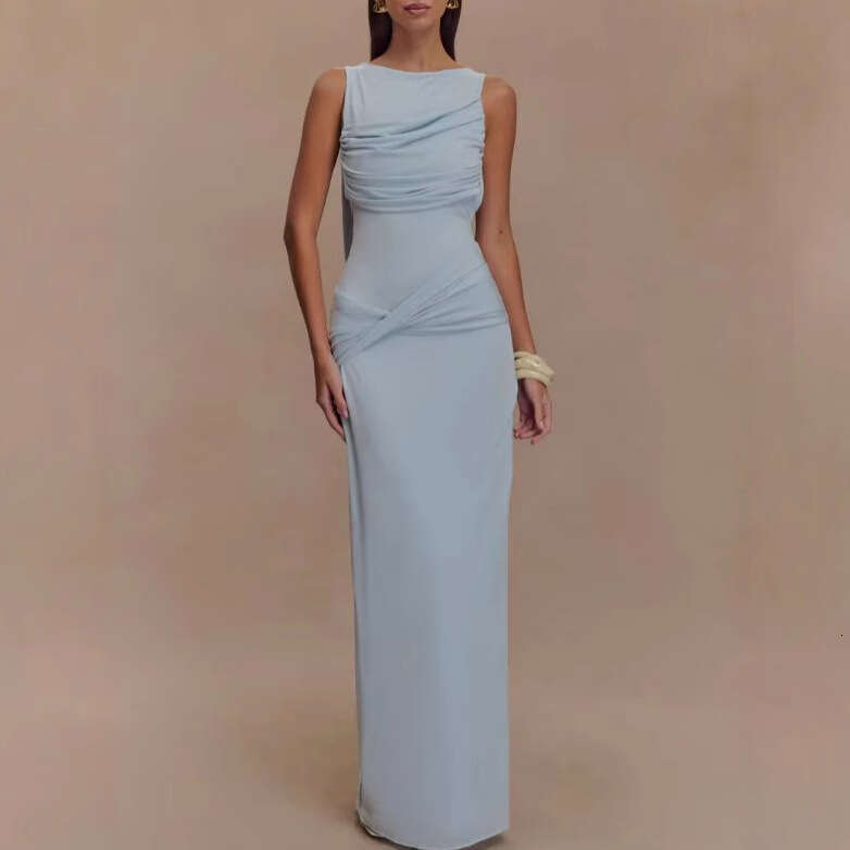 Design inspired with blue round neck backless design, sexy high-end sleeveless slim fit temperament, dress 2025 new casual and versatile fashion cloth