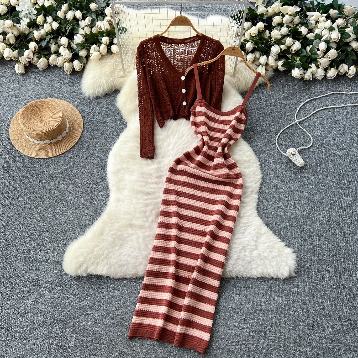 Solid Two piece set Hook flower hollow striped sweet Dress Women Fashion Summer Skirt women clothing 250520