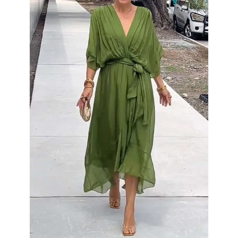 Dress Designer Summer Dresses Partydress June Buttock Womandress 2025 New Womens Solid Color Lace Up Long Skirt with Bat Sleeves Style Dress in Plus S