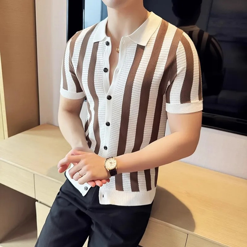 Summer Mens Striped Knit Shirts Lightweight Slim Fit Breathable Casual Shirt Men Turn Down Collar Short Sleeve Knitted Tops 250520