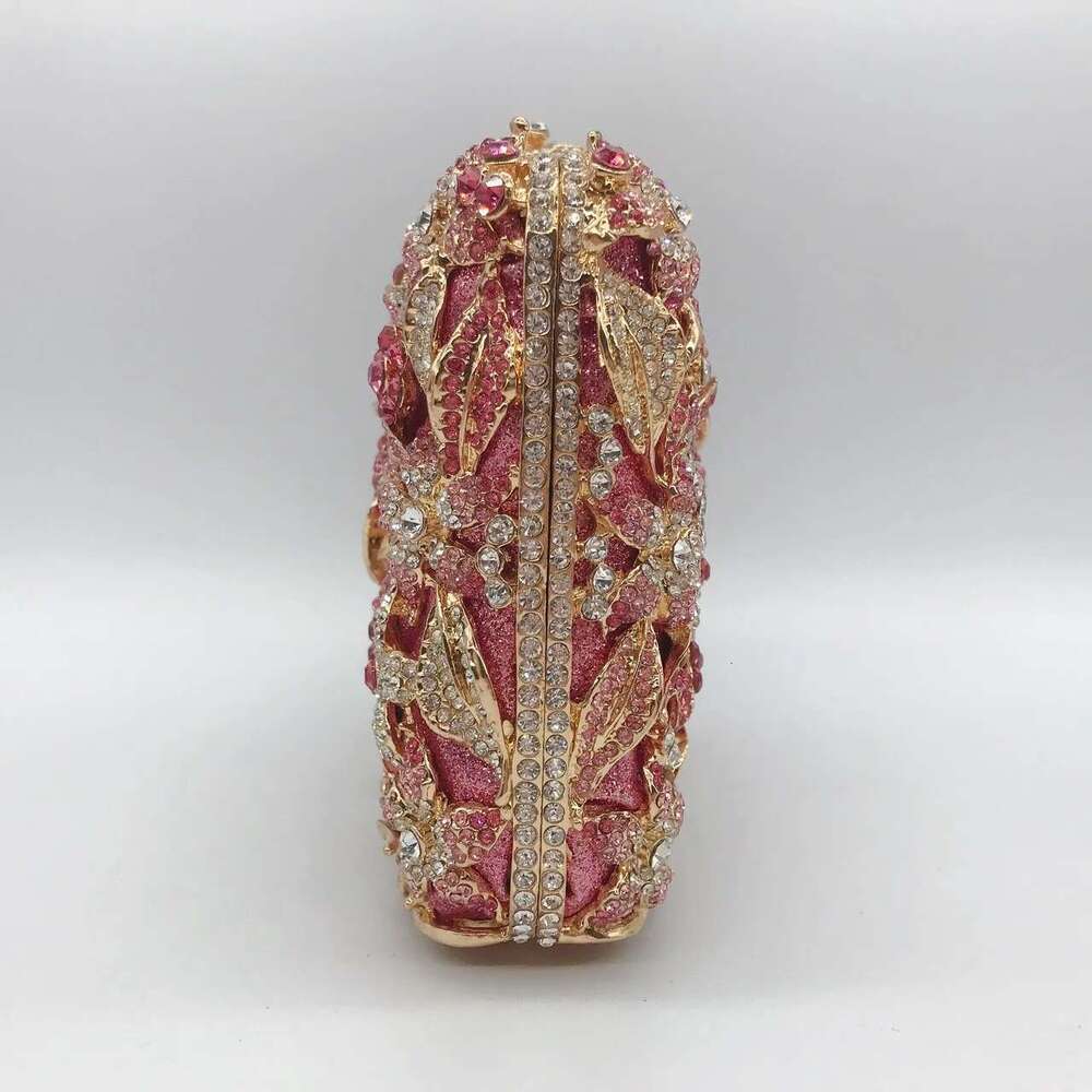 Rose Gold Rhinestone Flower Clutch Purse Crystal Designer Women's Dinner Party Handbags Unique Dia Wedding Evening Ba