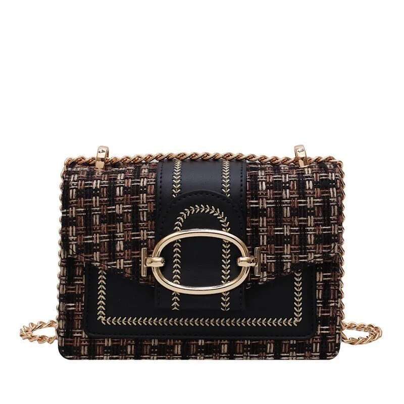 Designer Checkered Metal Chain Single Shoulder Bag, Women's Lock Buckle, Crossbody Commuting Small Square Bags For Women