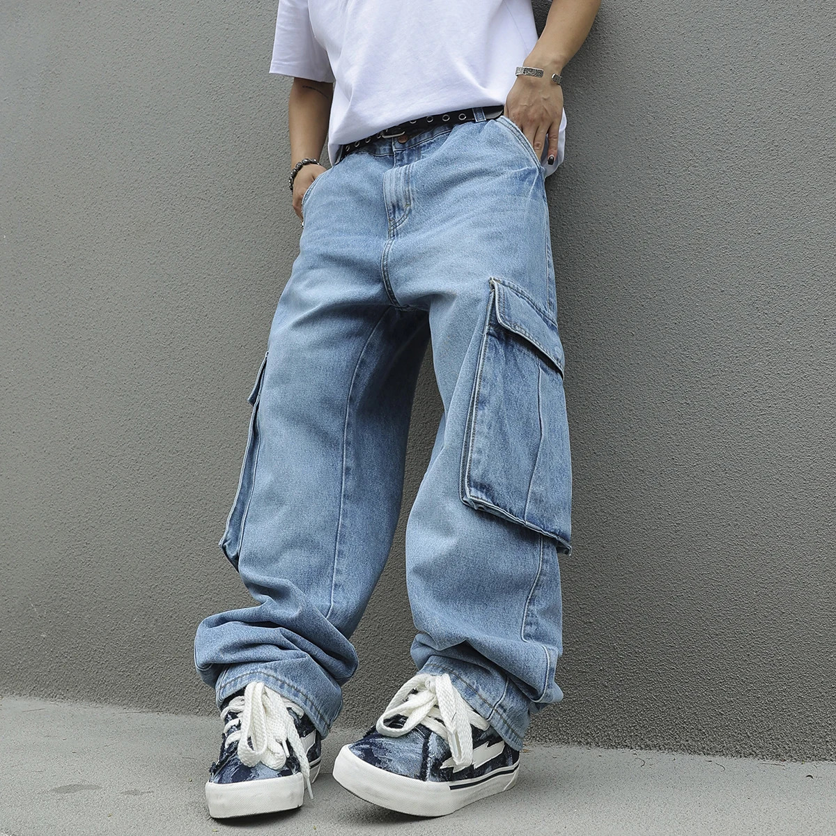 Mens Baggy Cargo Pants Light Blue Washed Denim Multi-Pocket Wide-Leg Jeans Vintage Look Loose Fit Streetwear Style 250517