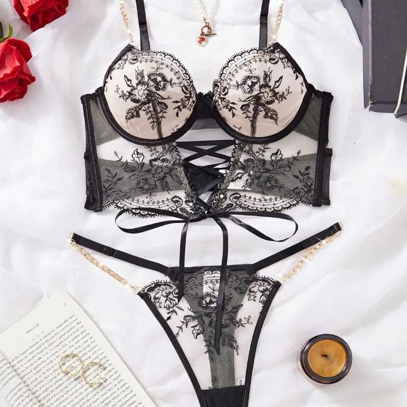 Sexy Embroidery Lingerie Suit for Women Chain Flower Embroidery Cross-belt Hollow Two-piece Set Womens Underwear Suit R250520