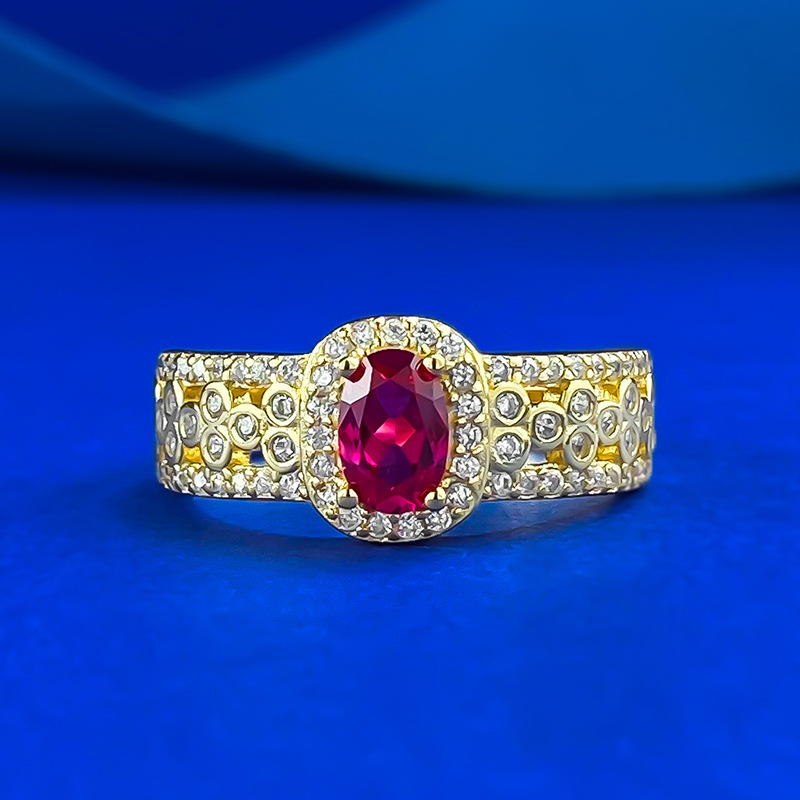 S925 Silver 4*6mm Oval Ruby Ring with Gold Plating and Diamond Embellishments - Elegant and Versatile Everyday Accessory