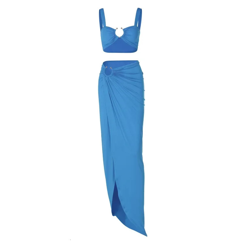 Womens Patchwork Two Piece Set Laceup Sleeveless Halter Cropped Vest TopSlim Long Skirt Female Beach Holiday Outfit 250520