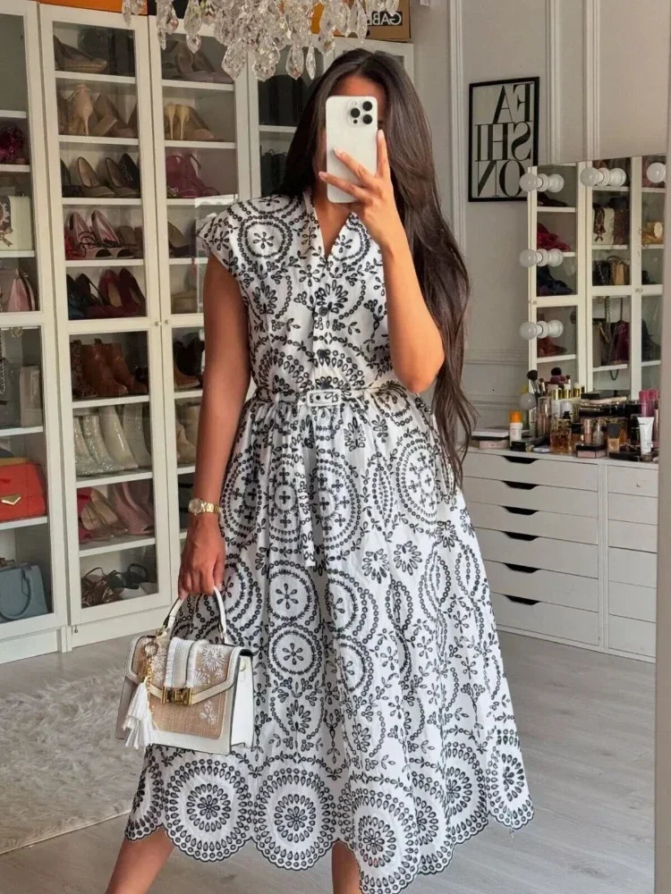 ZBZA Women ed Hollow Dress with Belt Vneck Sleeveless High Waist Singlebreasted Laceup Casual Summer 250520