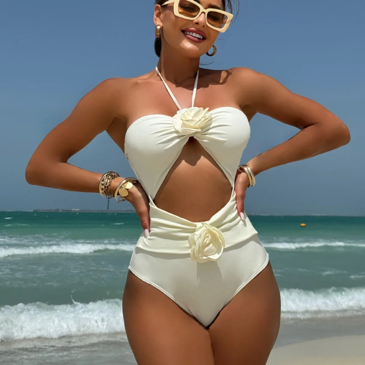 Drawstring Hollow Solid Rose Sling One Piece Swimwear Bikini 250516
