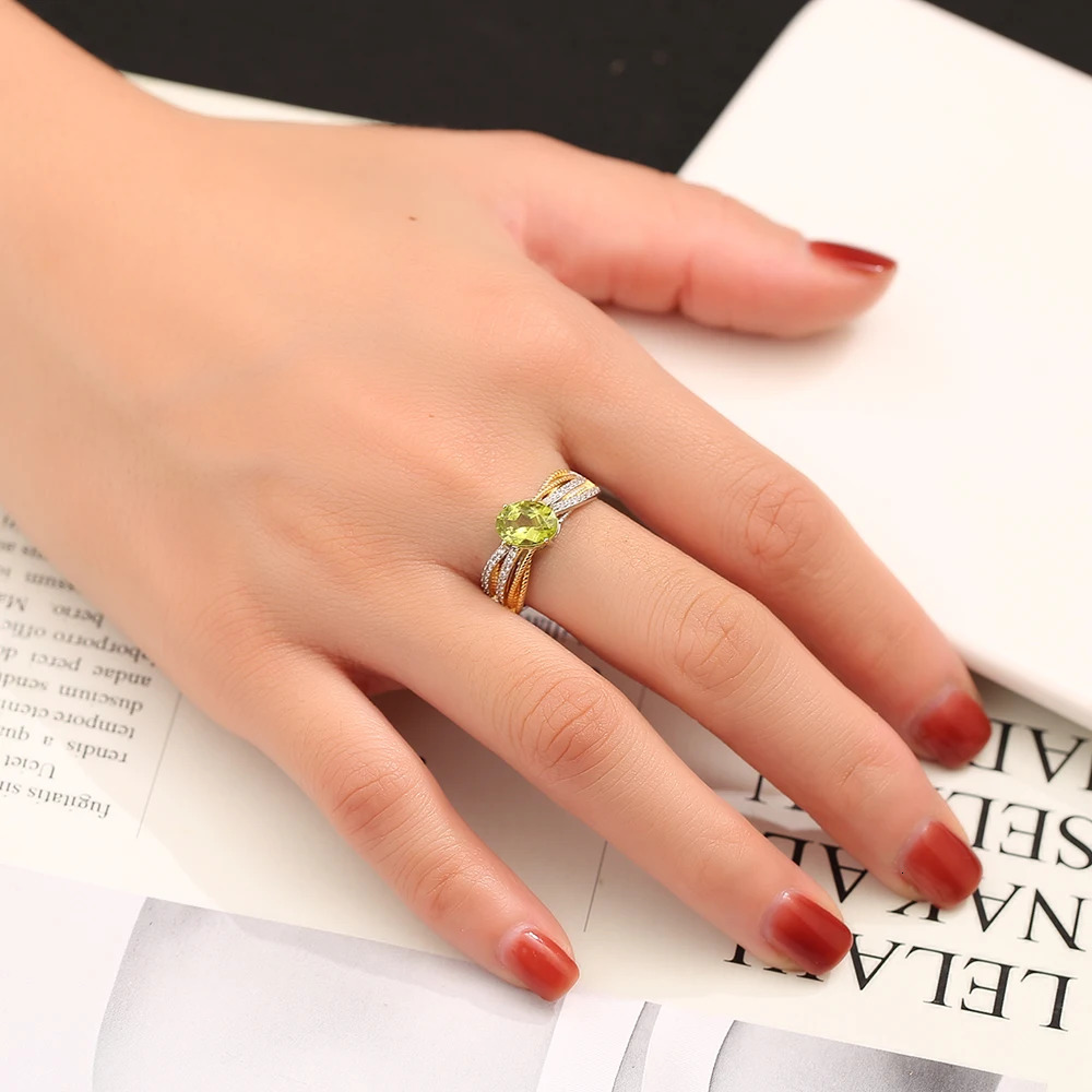 Genuine 925 Sterling Silver Gold Plated Ring for Women 8*6mm Natural Gems Peridot Stone Adjustable Rings for Daily Wear Jewelry 250517