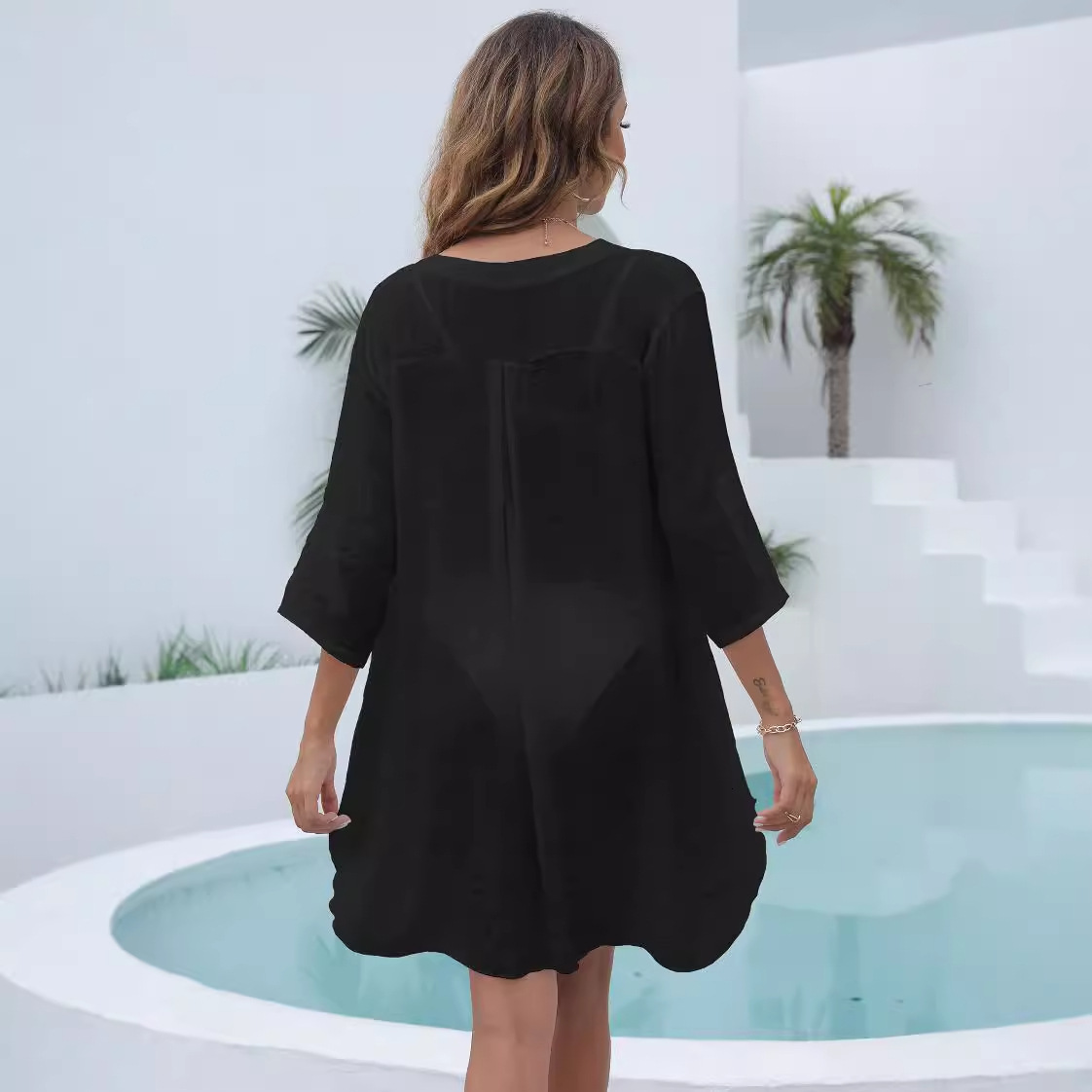 Designer Dress Women's Shirt Woven Women's Bikini Cover Beach Vacation Deep V Sexy Dress 2025 New Spicy Girl Plus Size Dress
