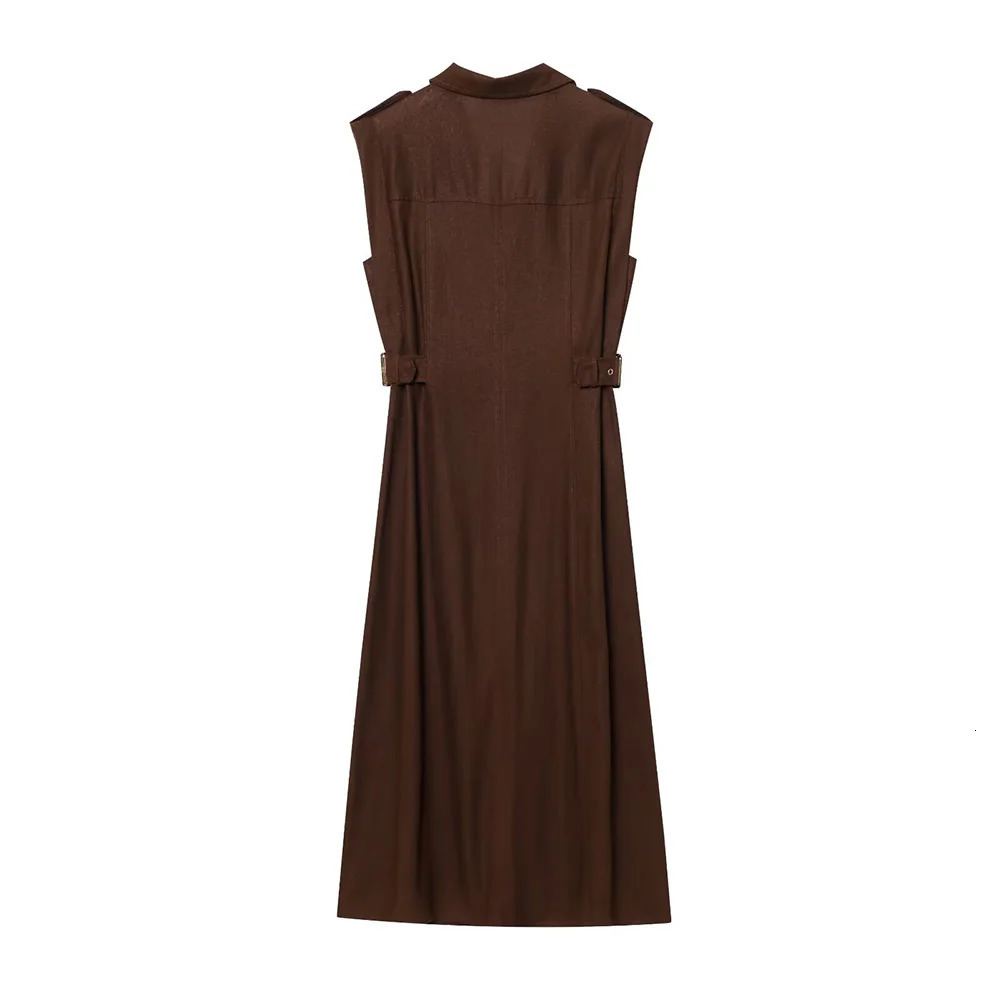 Khaki Brown Two Color Turn Down Collar V Neck Sleeveless Single Breasted Women Comfortable Long Dress ZATAF Spring 250520