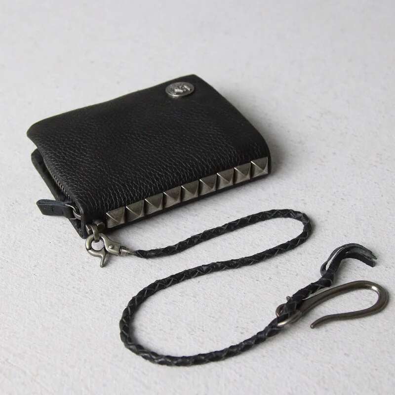 Fashion PUNK Stud Genuine Leather Men Bifold Short Wallet Zip around Male Purse Cowhide Money Bag Clip with Chain Black