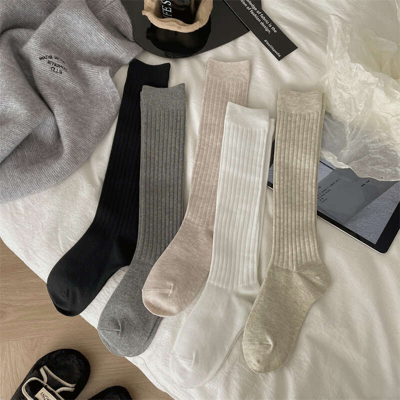 New Solid Color Double Needle Minimalist Pile From Dongdaemun, South Korea, Ins Calf White Socks For Women To Look Slim, Korean Style B5