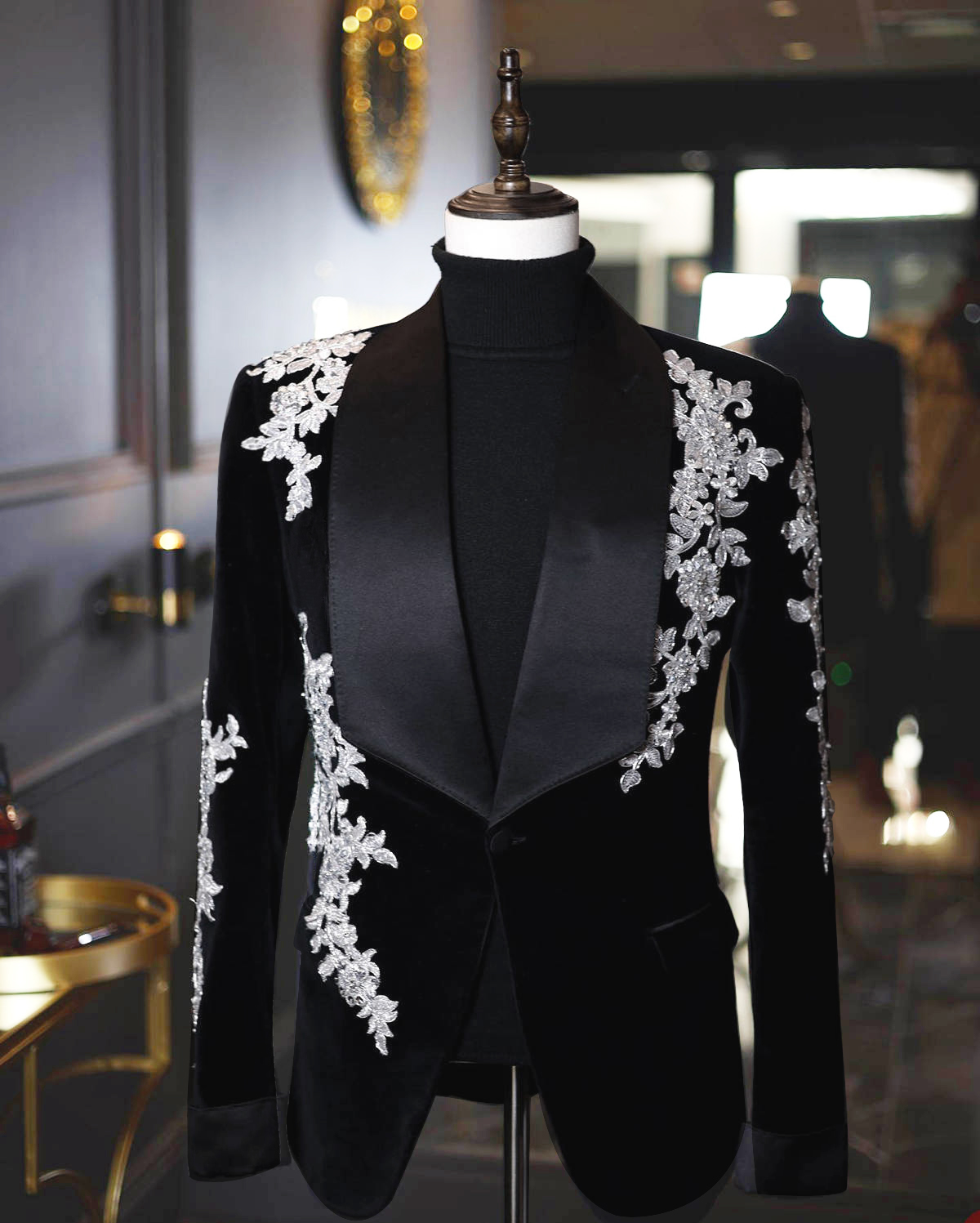 Vintage Men's Wedding Suit Tuxedo 2 Pieces Set Crystal Shawl Lapel Blazer Groom Coat Beading Evening Party Prom Custom Made Jacket Pants D0312