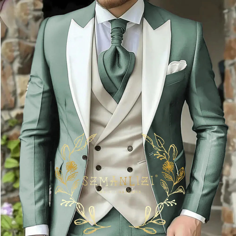 Light Green Classic Men Suit 3 Piece Tuxedo Peaked Lapel Groomsmen Wedding Suits Set Fashion Men Business Blazer Pants Vest 250519