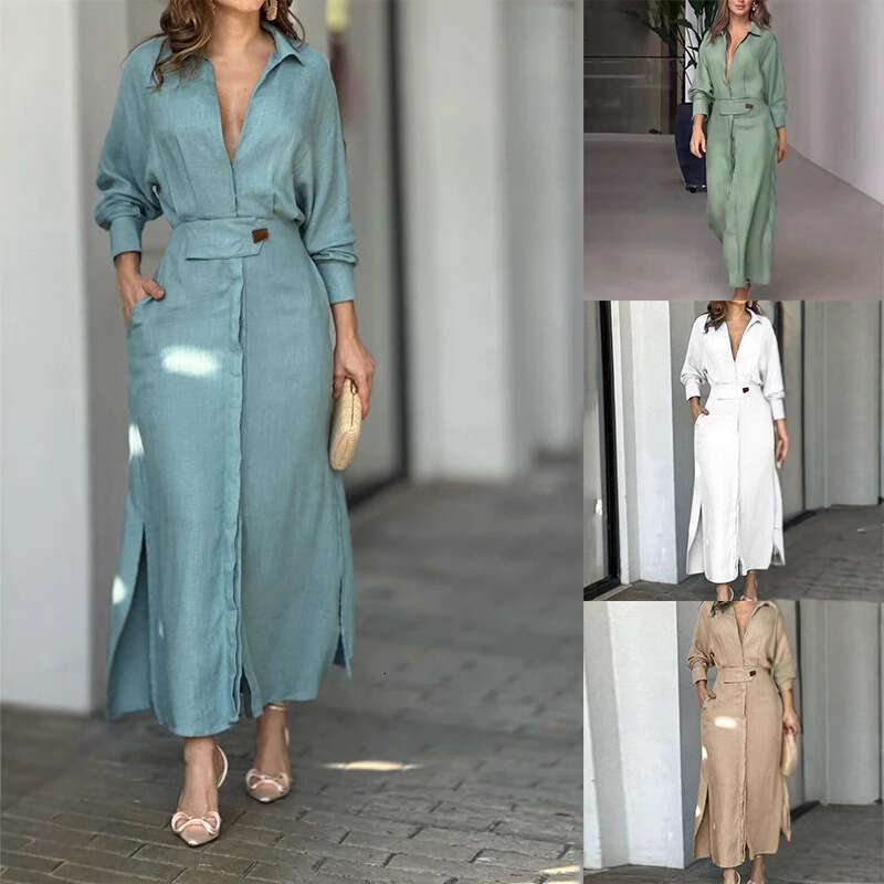 Dresses for Woman Designer Maxi Dress for Women 2025 Summer New Style Womens Commuting Strap Solid Color Waist Collection Long Sleeve Irregular Shirt 