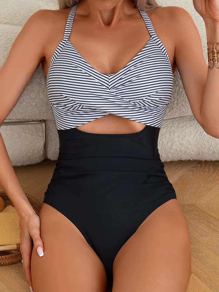 DHEssentials New One-Piece Fashionable Stripe Swimsuit Swimwear Women One Piece Swimsuits