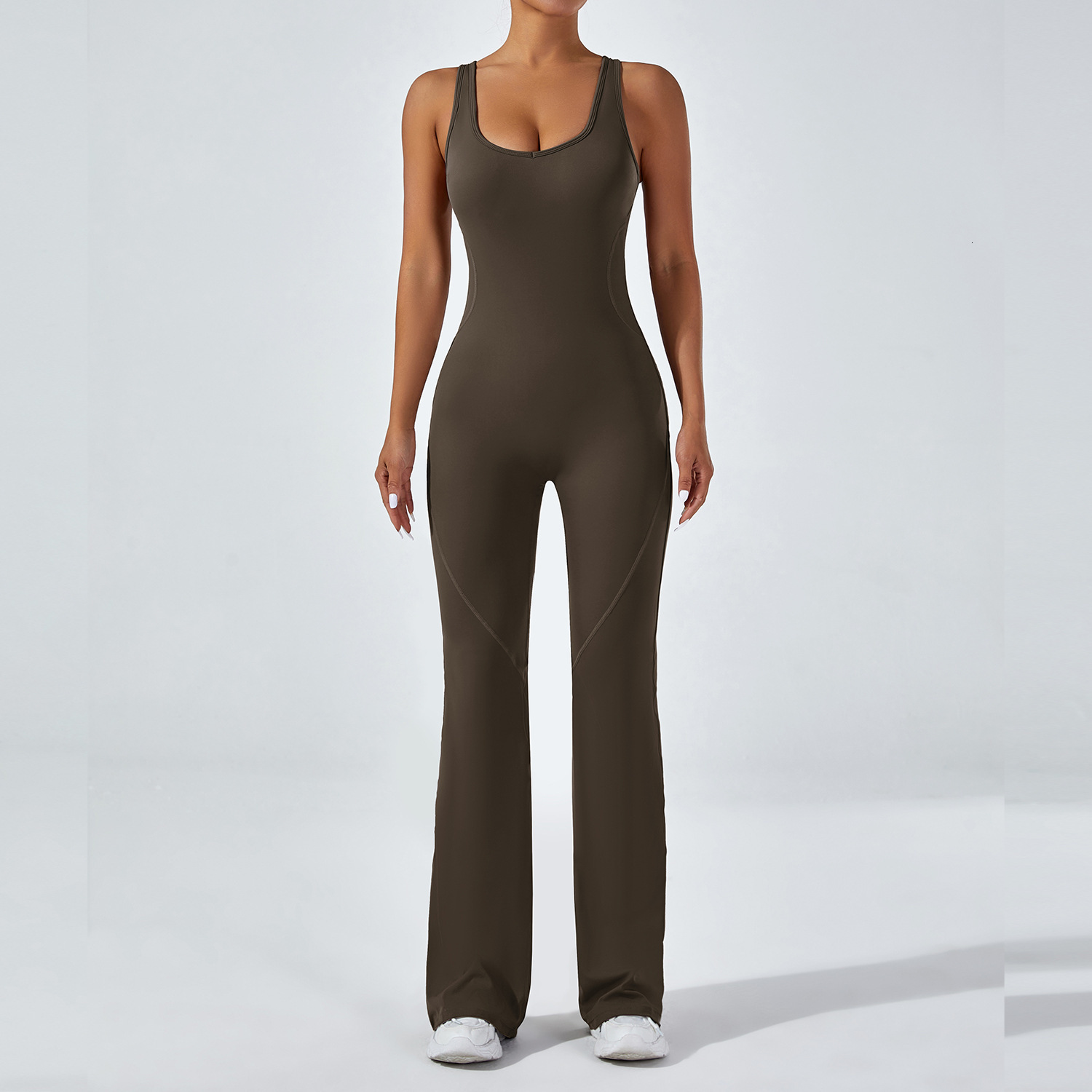 Tight backless one-piece yoga hip lifting exercise and fitness suit, wide leg pants, belly cinching micro flared jumpsuit