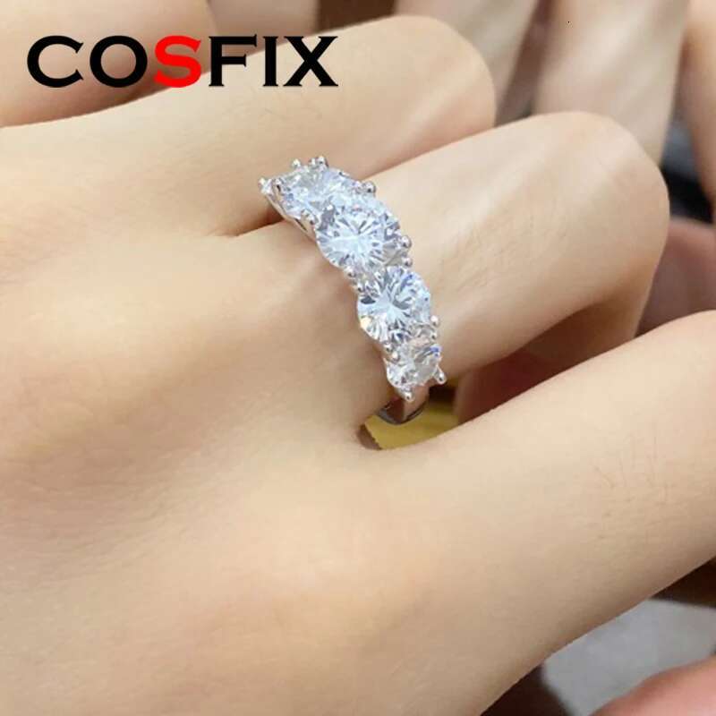 COSFIX 18k Plated 3.6CT All Moissanite Rings for Women 5 Stones Sparkling Diamond Wedding Band S925 Sterling Silver Jewelry GRA