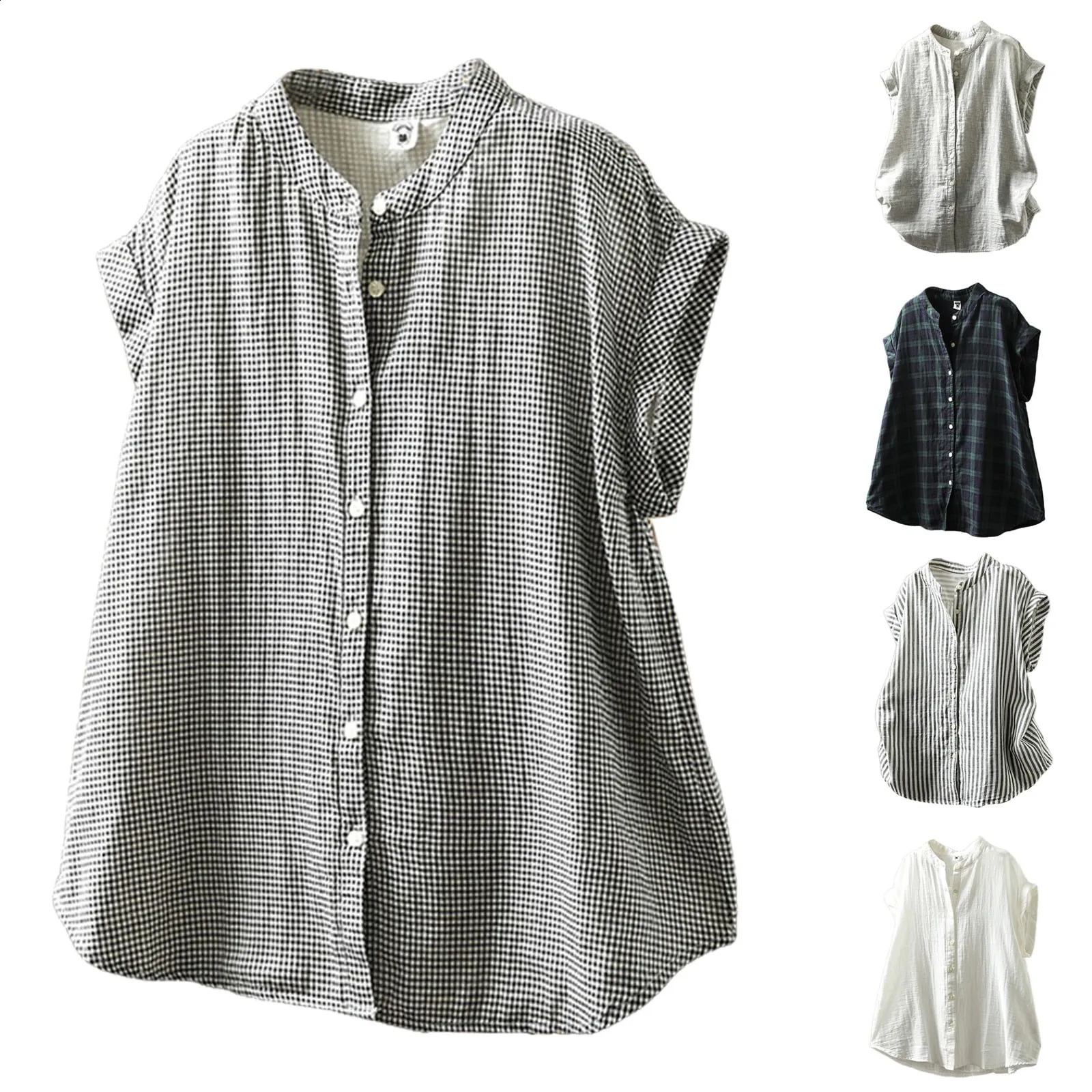 Ladies Retro Cotton Checked Shirt Short Sleeved Collarless V Neck Summer Comfort Plain Simple Casual Top Blusas Para Mujer 250516Z