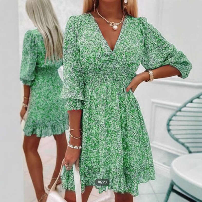 Vestido Vestidos Elegantes Partydress Vestidos De Noche Tender 2025 Womens New Mid Length Skirt with Waist Cover and Bohemian Printed Short Sleeve Flo