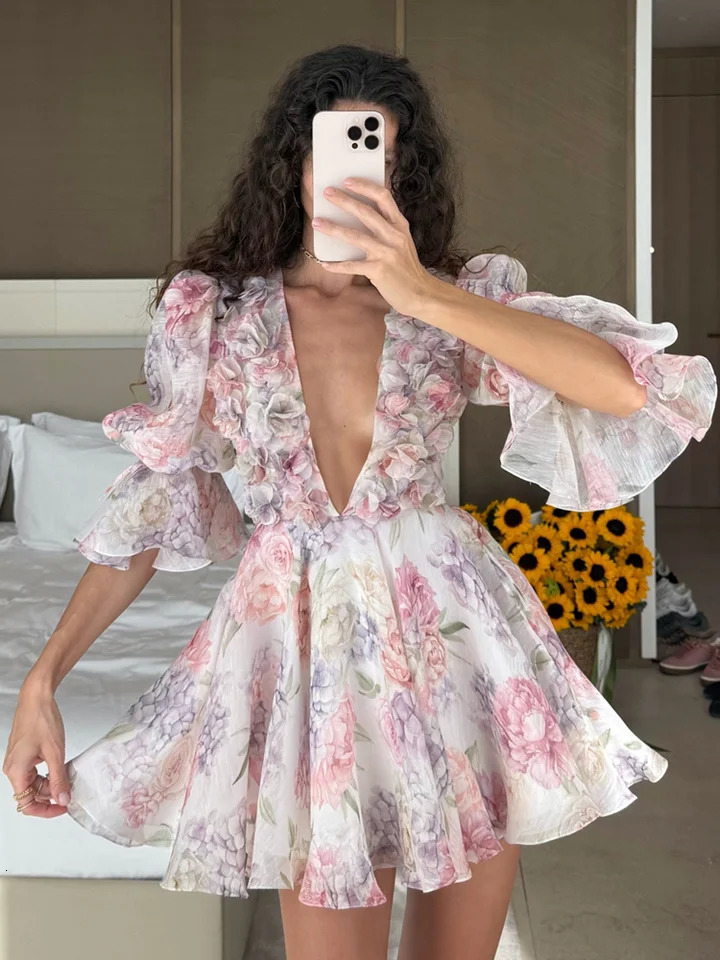 RARA Spring and Summer Vacation Sexy Vneck Puff Sleeve Threedimensional Flower Waist Large Swing Midlength Dress 250520