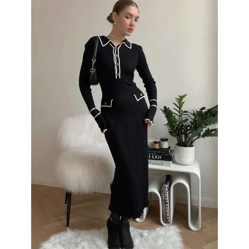Tossy Ruffled Fashion Knit Women Autumn Ribbed Contrast Long Sleeve High Waist Lapel Gown Knitwear Ladies Maxi Dress Designer Designer