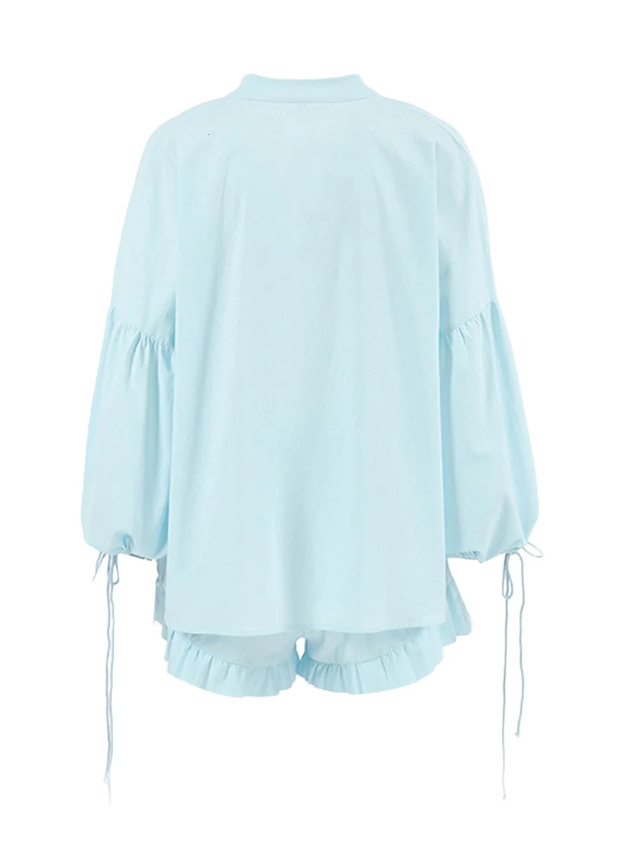Casual Women s Summer Outfit Stylish Long Sleeve V-Neck Top with Tie-Up Detail and Elastic Waist Shorts Set for a Chic Look 250516