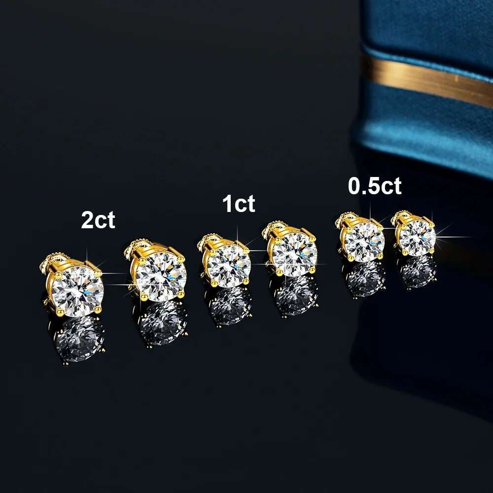 18K Gold Plated 0.1-5CT Moissanite Studs Earrings for Women Men 925 Sterling Silver Screw Back Earring Wedding Jewelry With GRA