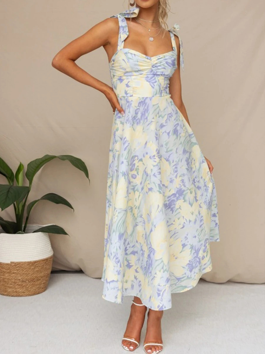 Women Sling Dress Sleeveless Lowcut Tieup Flower Print Summer Long for Cocktail Party 250520