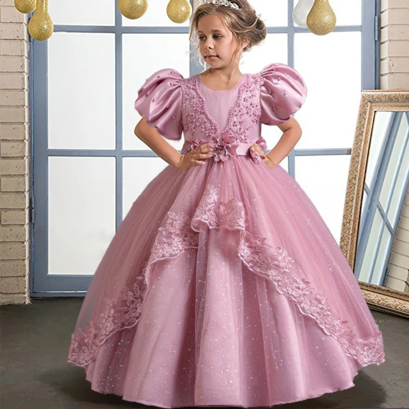 Elegant Girls Birthday Party Dress for 4-12 Years Old Halloween Princess Dress Bubble Sleeves Girls Fluffy Dress 250519