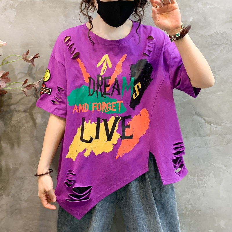 Designer Clothing Plus Size Women's Ripped Top Fashionable Loose Casual Letter Graffiti Short Sleeved T-shirt For Women 2025 New Style