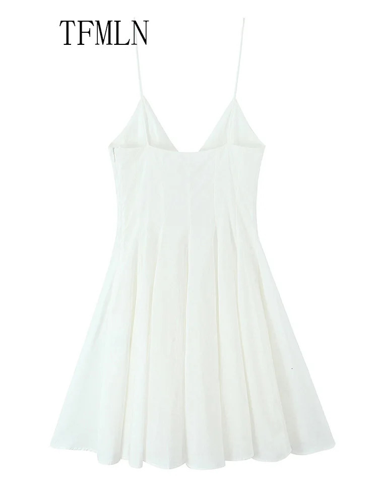 TFMLN Sweet Women Pleated Mini Strap Dress Summer Elegant Vneck Sleeveless Backless Party Chic Causal Aline 250520