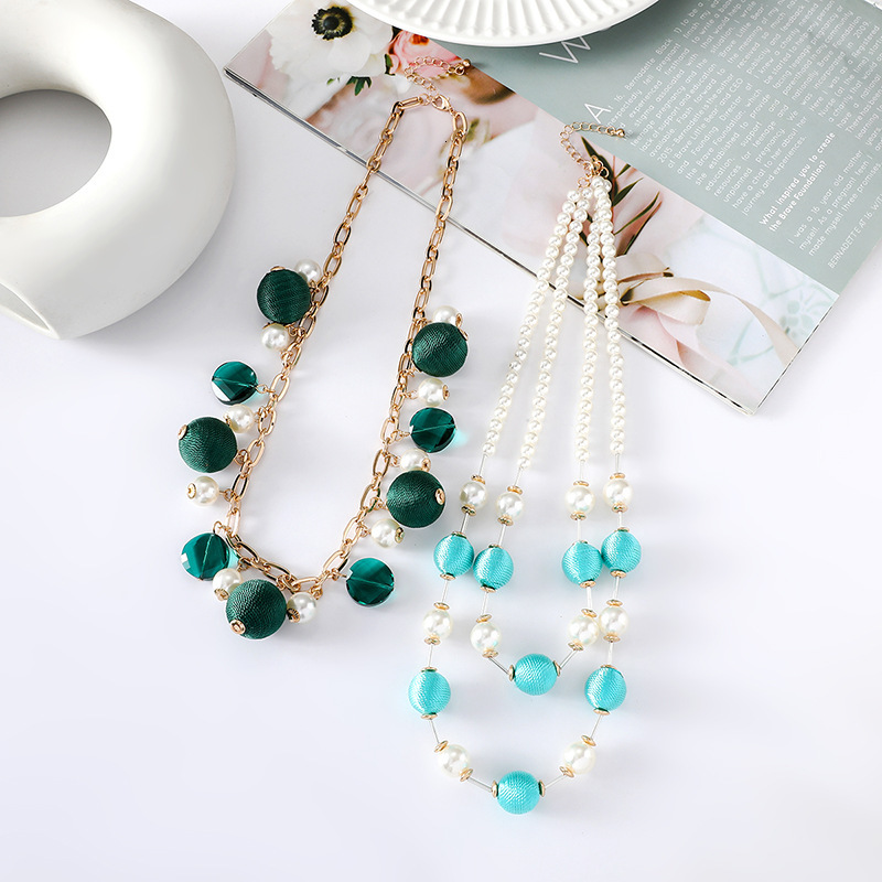 Turquoise color layered fashion necklace, women's string ball, pearl, light accessory