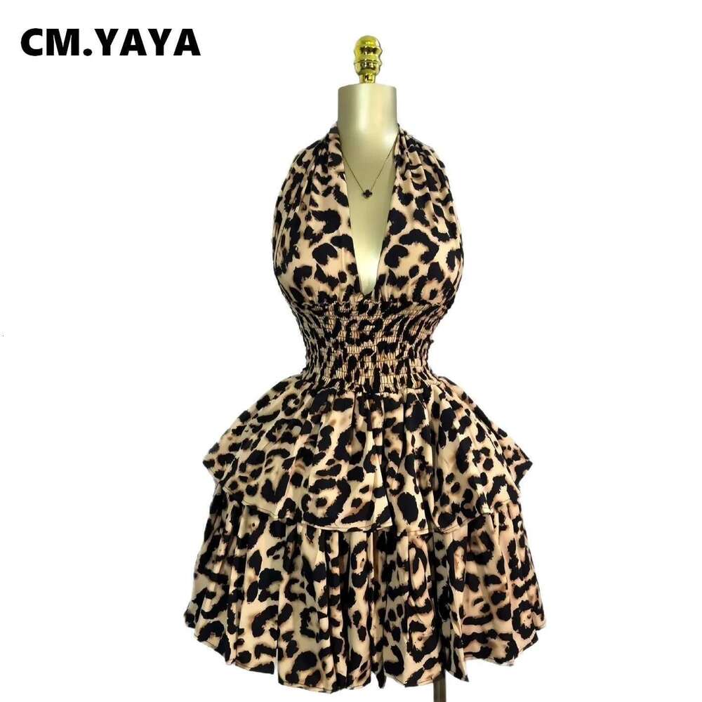 Women Leopard Print Halter Neck Backless Cascading Ruffles Big Swing Ball Gown Mini Dress Sexy Club Party Dresses