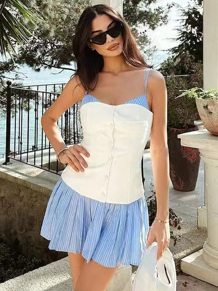 TRAF Womens Pleated Slip Dress Summer Woman Elegant Mini Sleeveless Backless Vestidos Poplin Button Up Korean Style 250520