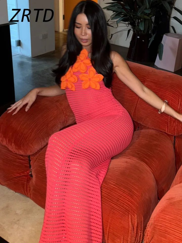 Sexy Crochet Hollow Out Long Halter Dress Women 3D Flower Backless Sleeveless Beach Dresses 2025 Summer Lady Vacation Robes 250519