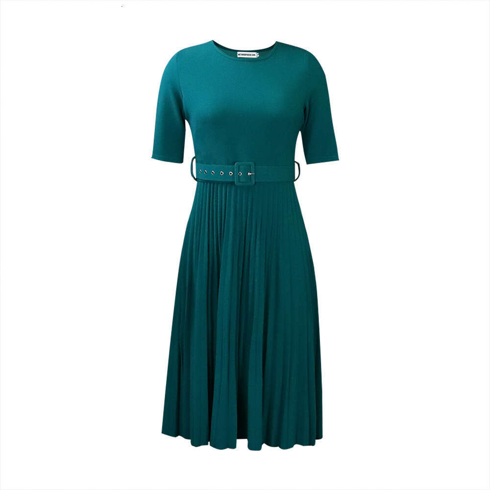 Women's Wear D3292 New Round Neck Mid Length Pleated Skirt Plus Size Dress