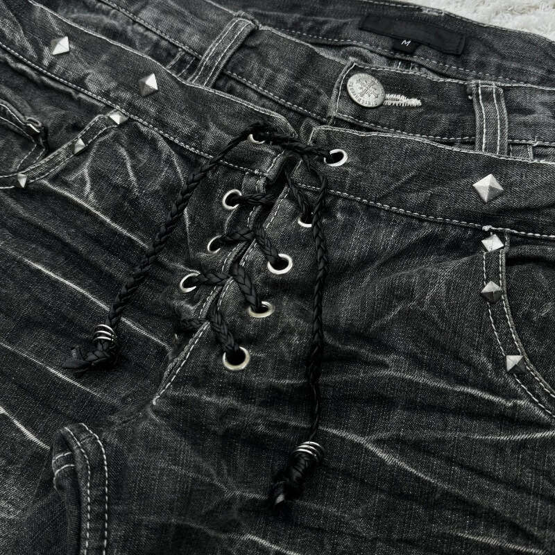 Millennium washed denim jeans Gothic style micro flared double waist lace pants for men and women's street wear