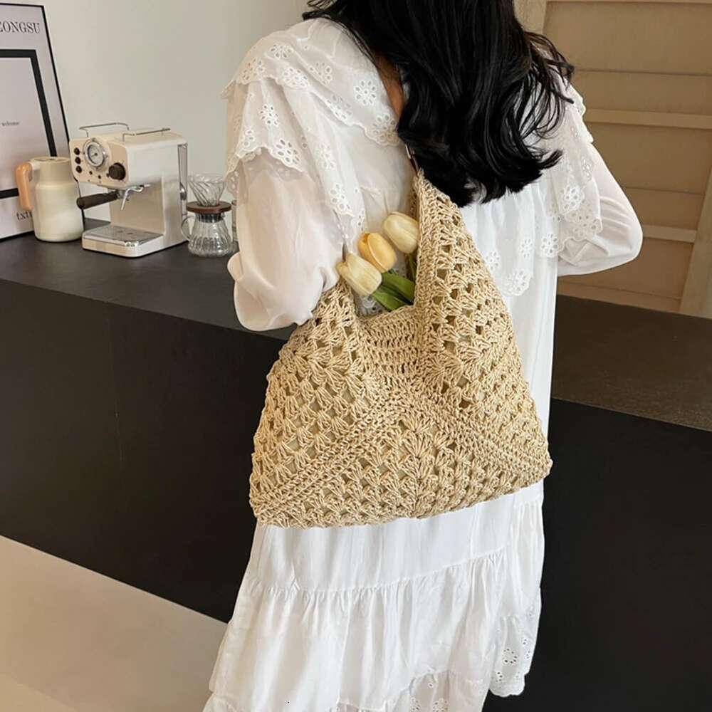 Summer Straw Hollow Out Tote Large Beach Bag Solid Color Holiday Travel Handbag Boho Shoulder Purse For Women
