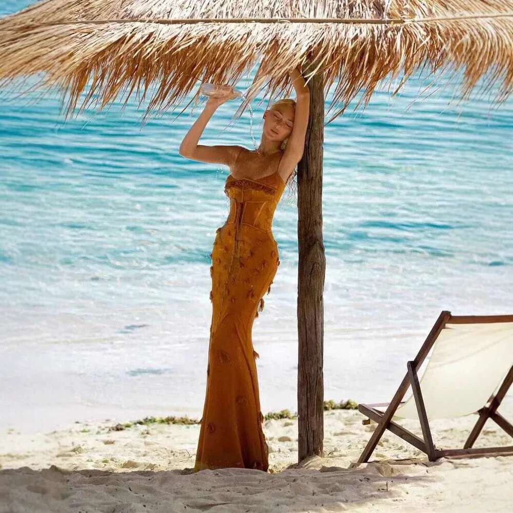 Sexy Strap Design 3D Embroidered Elastic Net Waist Cinching Long Vieamese Small Fashion Brand Summer Dress
